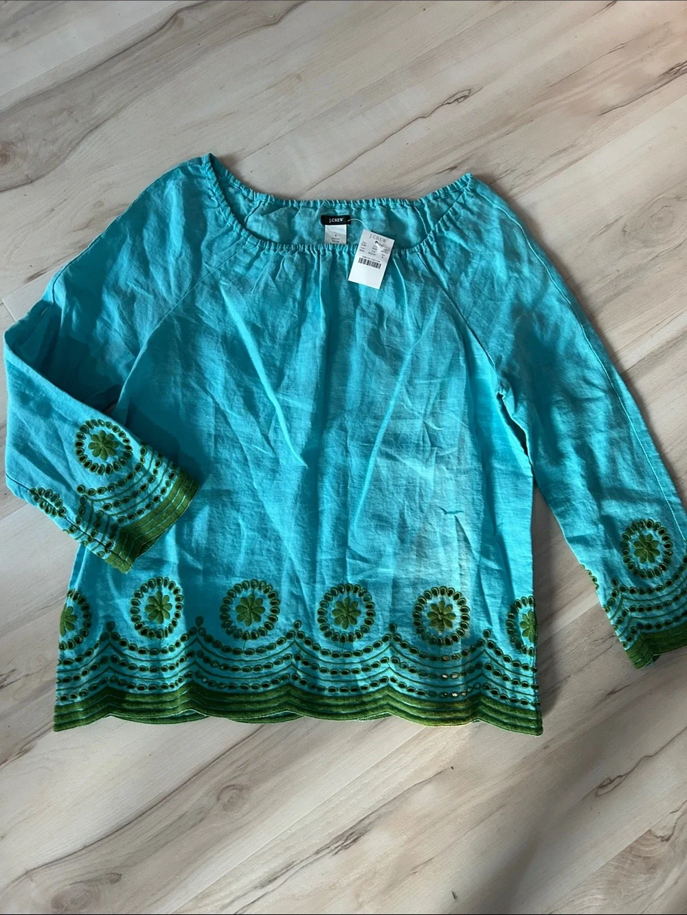 J. Crew Turquoise Linen-Blend Peasant Top with Green Embroidery